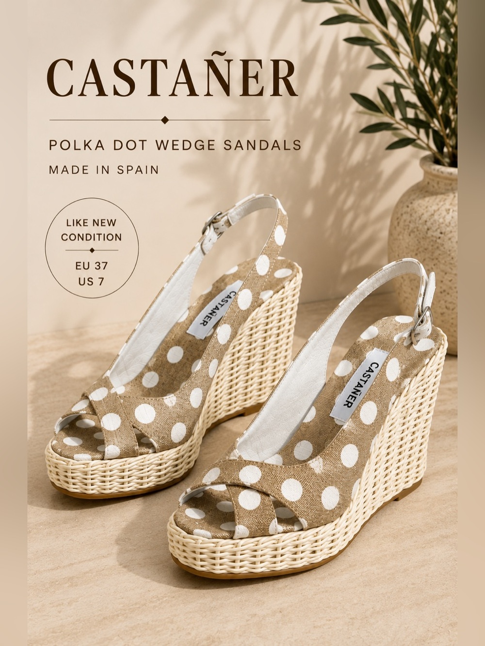 Castañer Polka Dot Wicker Wedge Slingback Sandals US 7